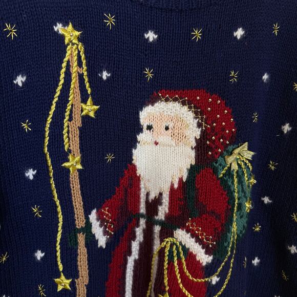 Marisa Christina Vintage Holiday Sweater Santa Claus Navy Red Christmas Knit - Picture 2 of 7